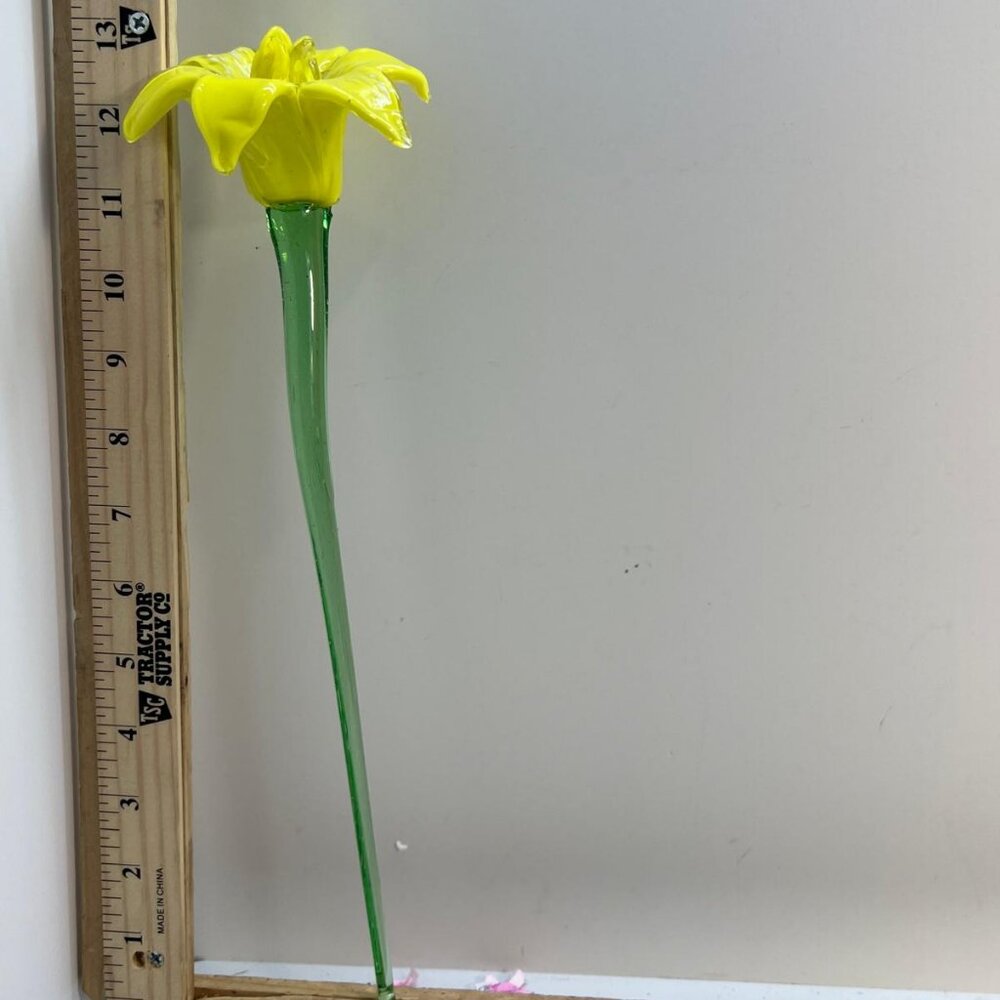 Hand Blown Yellow Glass Flower Stem Art Sculpture Home Decor Display Tall Glassy